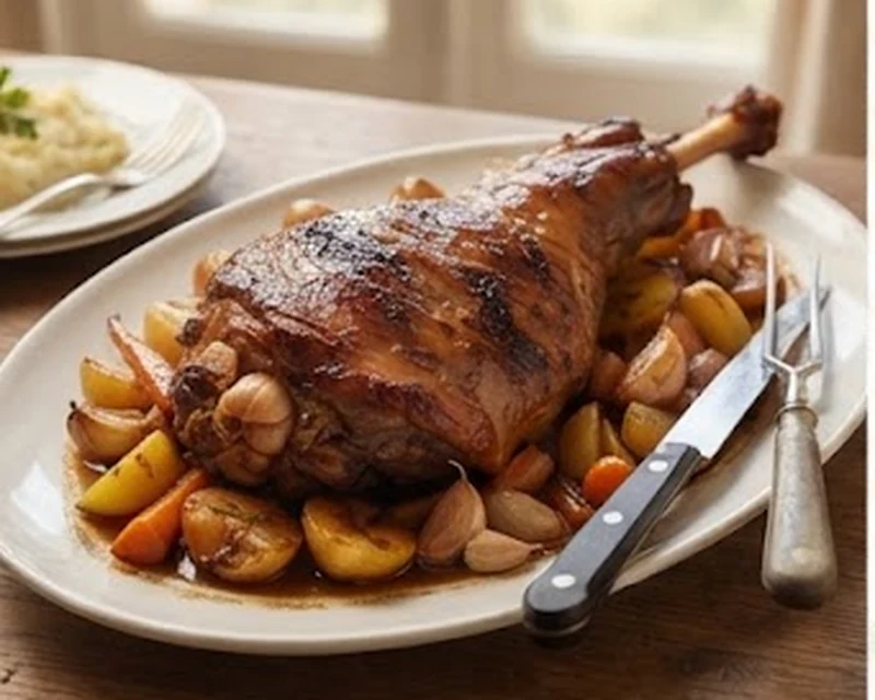 Gigot d'agneau de sept heures confit et doré avec pommes de terre et légumes rôtis