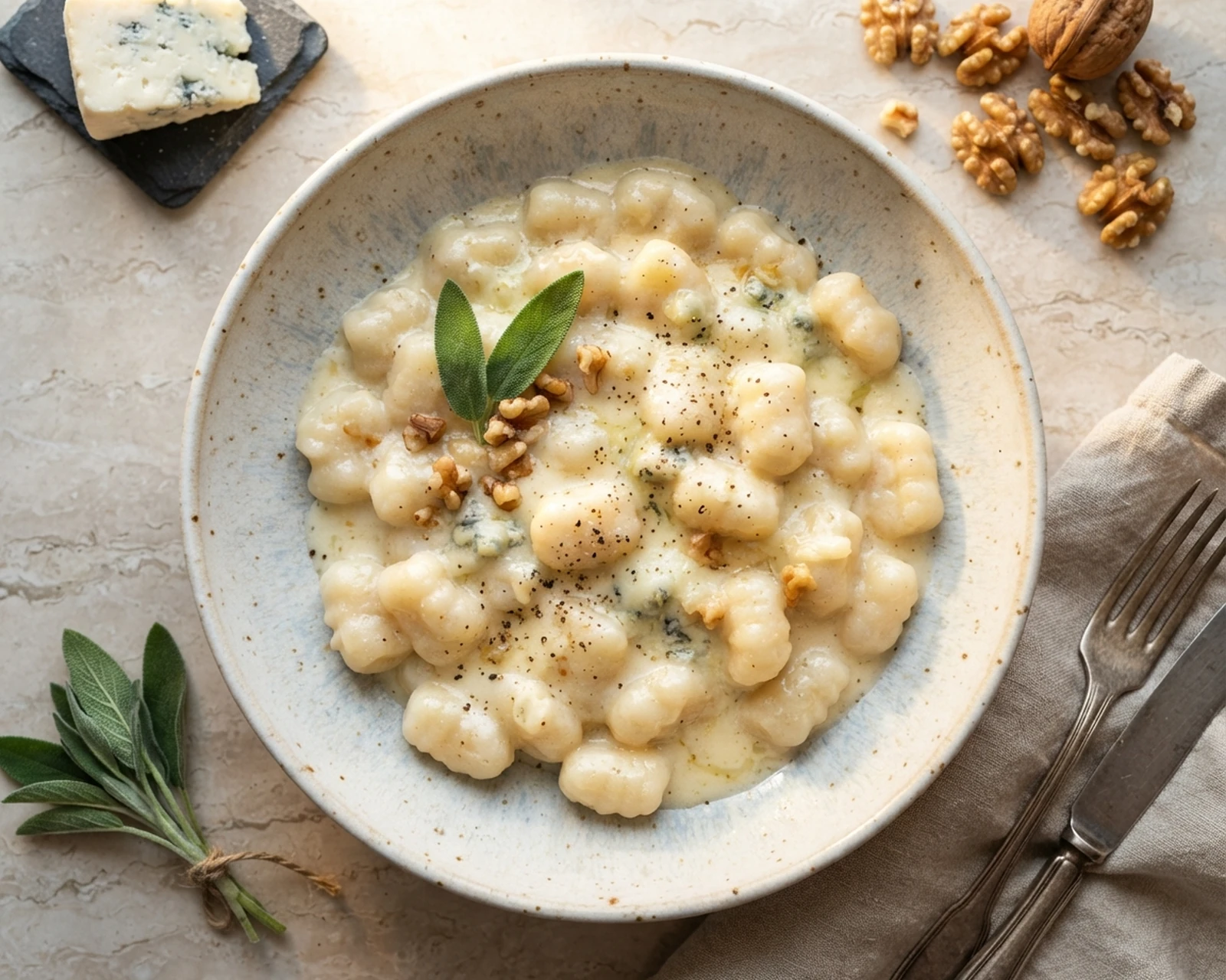Gnocchis au gorgonzola présenté dans son plat de service, avec sa texture et sa garniture visibles
