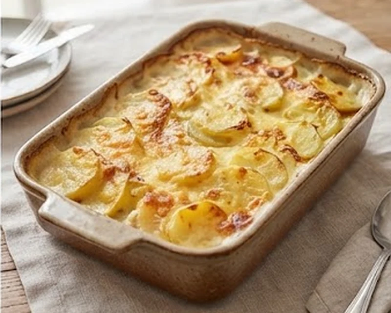 Gratin dauphinois présenté dans son plat de service, avec sa texture et sa garniture visibles