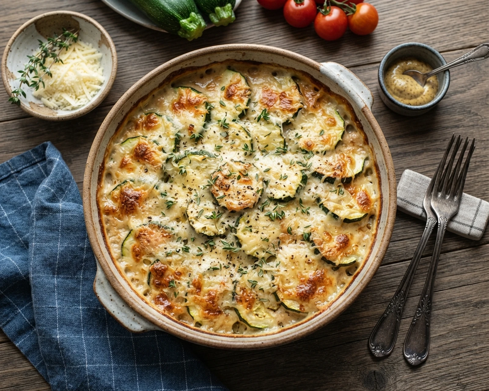 Gratin de courgettes servi dans son plat, avec sa texture et sa garniture visibles