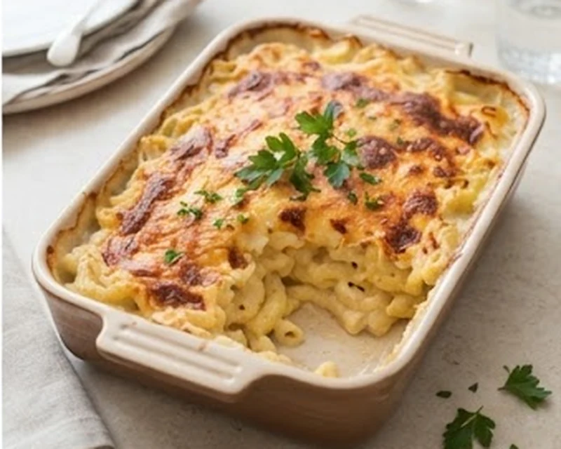 Gratin de macaronis à la béchamel et au fromage, doré au four dans un plat en céramique