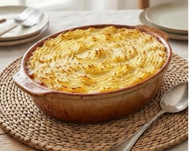Hachis parmentier présenté dans son plat de service, avec sa texture et sa garniture visibles