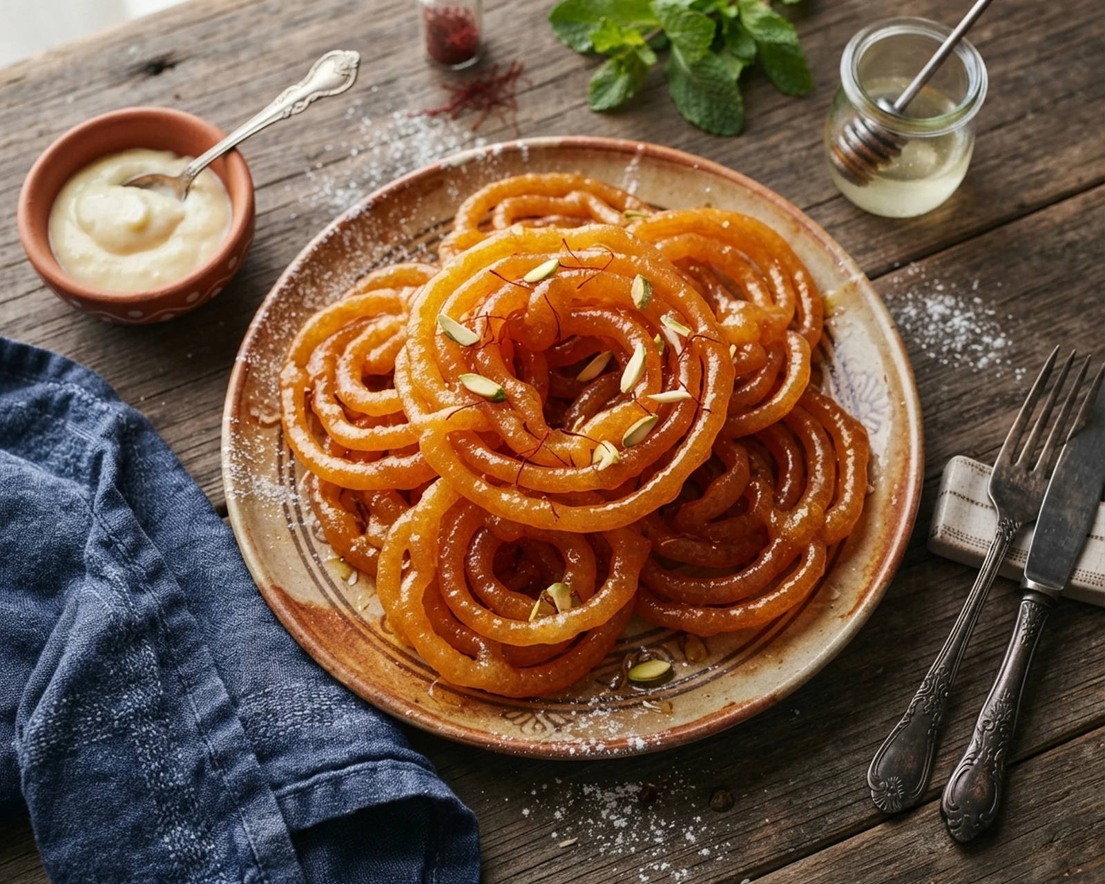 Jalebi présenté dans un plat de service, avec la texture et la garniture visibles