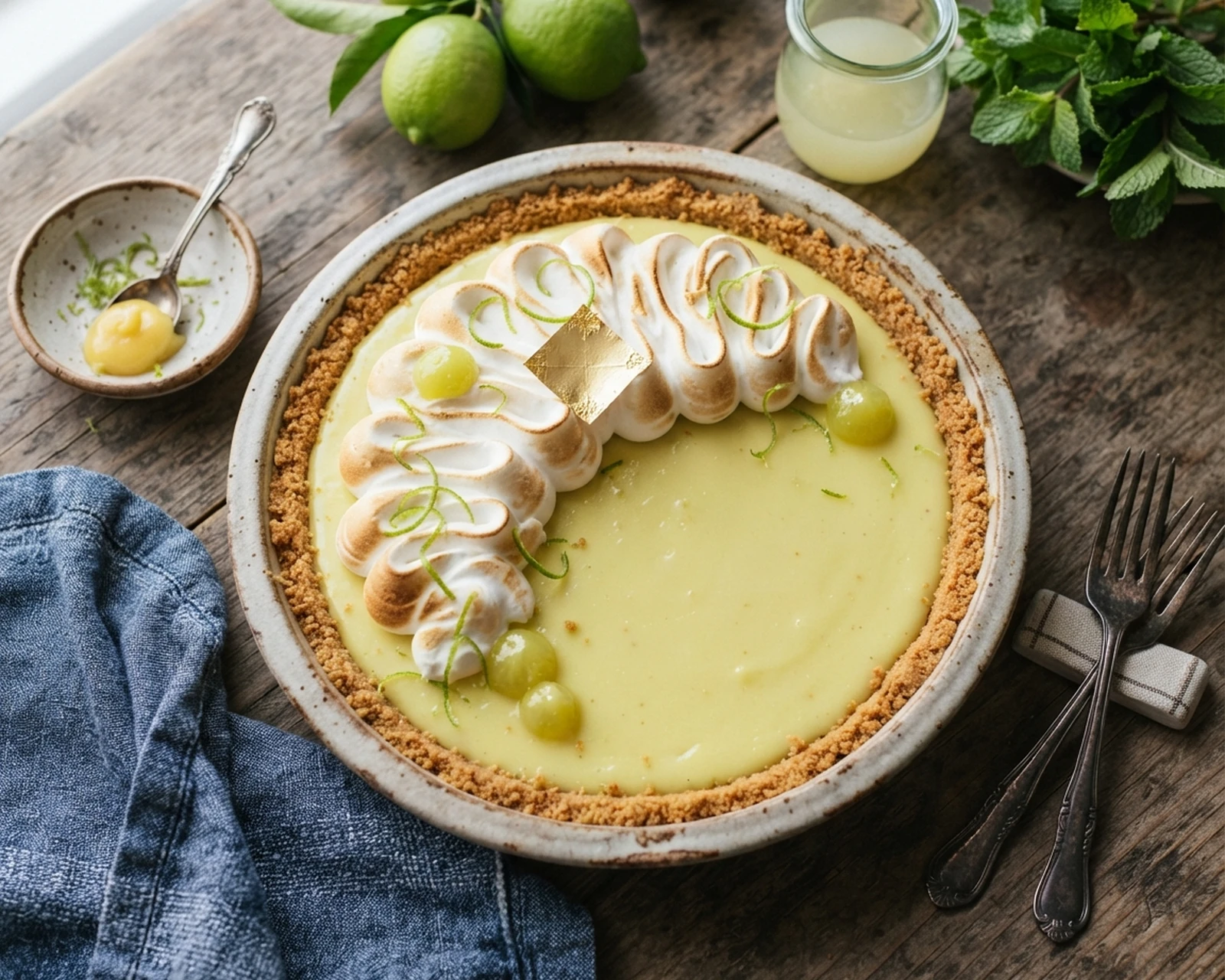 Part de Key lime pie jaune pâle sur croûte biscuitée, garnie de chantilly et de zeste vert.