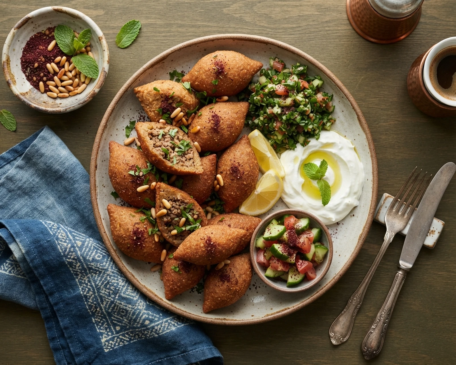 Kibbeh libanais servi dans son plat, avec sa texture et sa garniture visibles