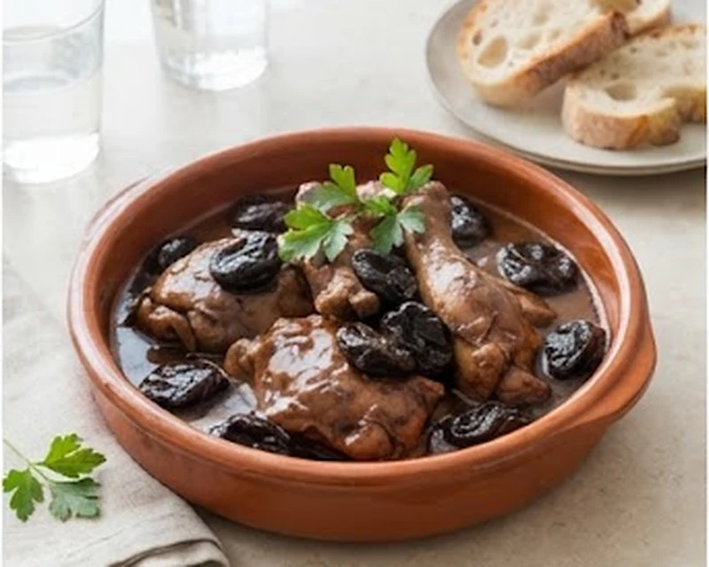 Lapin aux pruneaux mijoté en cocotte dans une sauce brune aux fruits secs
