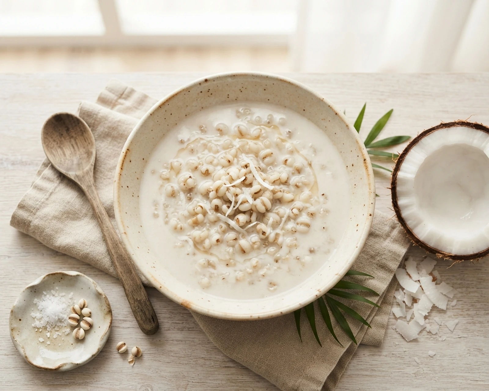 Larmes de Job au lait de coco présenté dans son plat de service, avec sa texture et sa garniture visibles