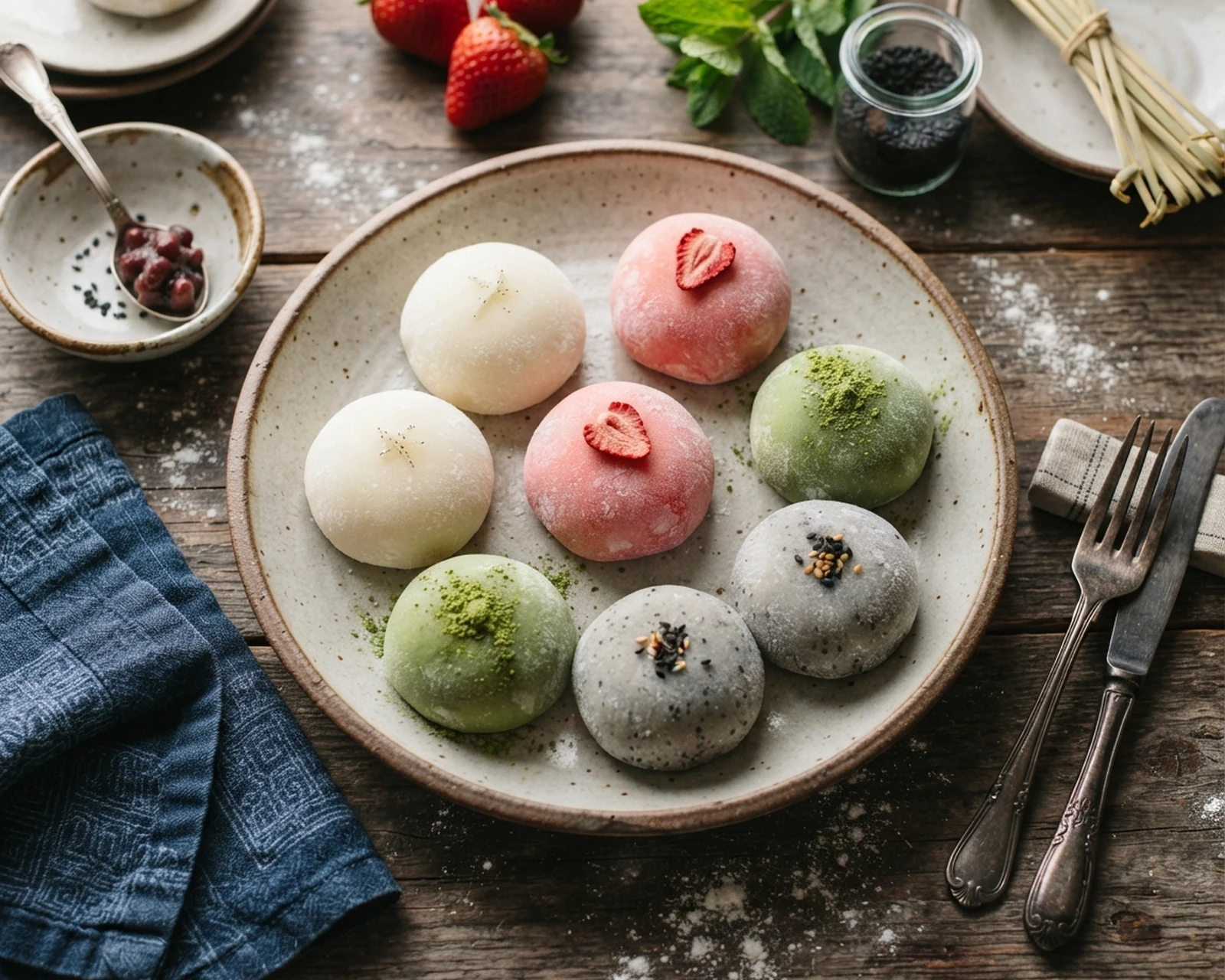 Mochis glacés présenté entier et en portion, avec texture intérieure visible.