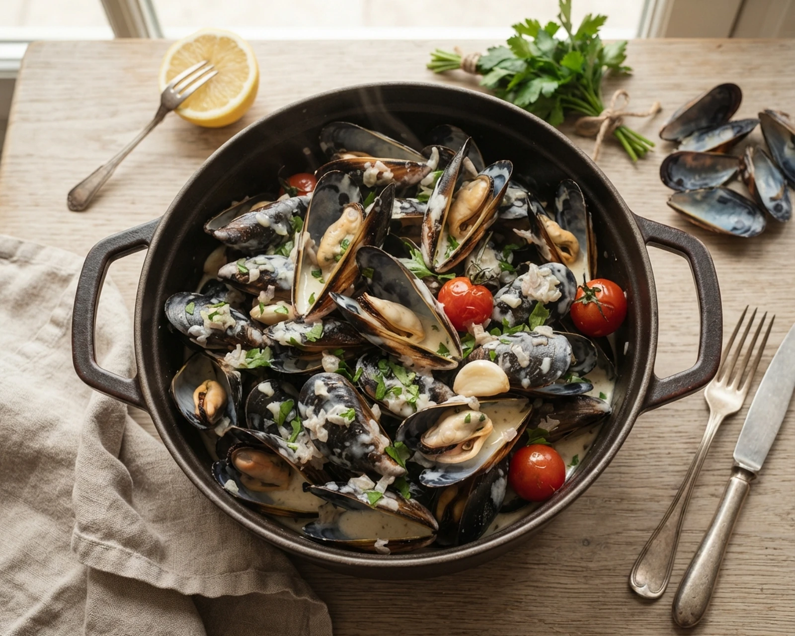 Moules à la crème présenté dans son plat de service, avec sa texture et sa garniture visibles