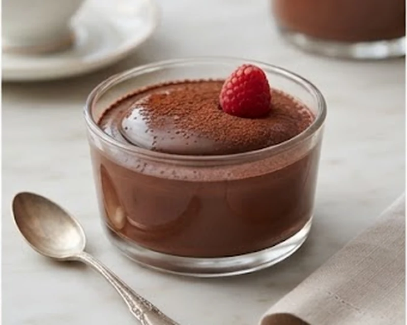 Mousse au chocolat noir servie en verrine avec une framboise en finition