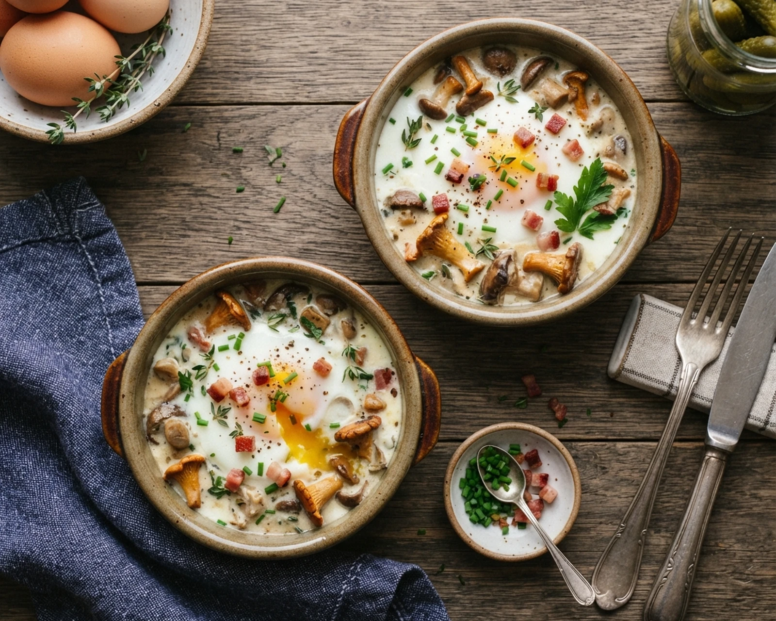 Œufs cocotte servi dans son plat, avec sa texture et sa garniture visibles