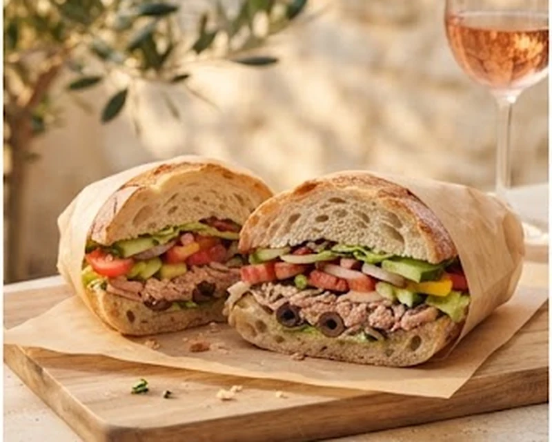 Pan bagnat niçois garni de thon, crudités, olives et anchois dans un pain imbibé d’huile d’olive