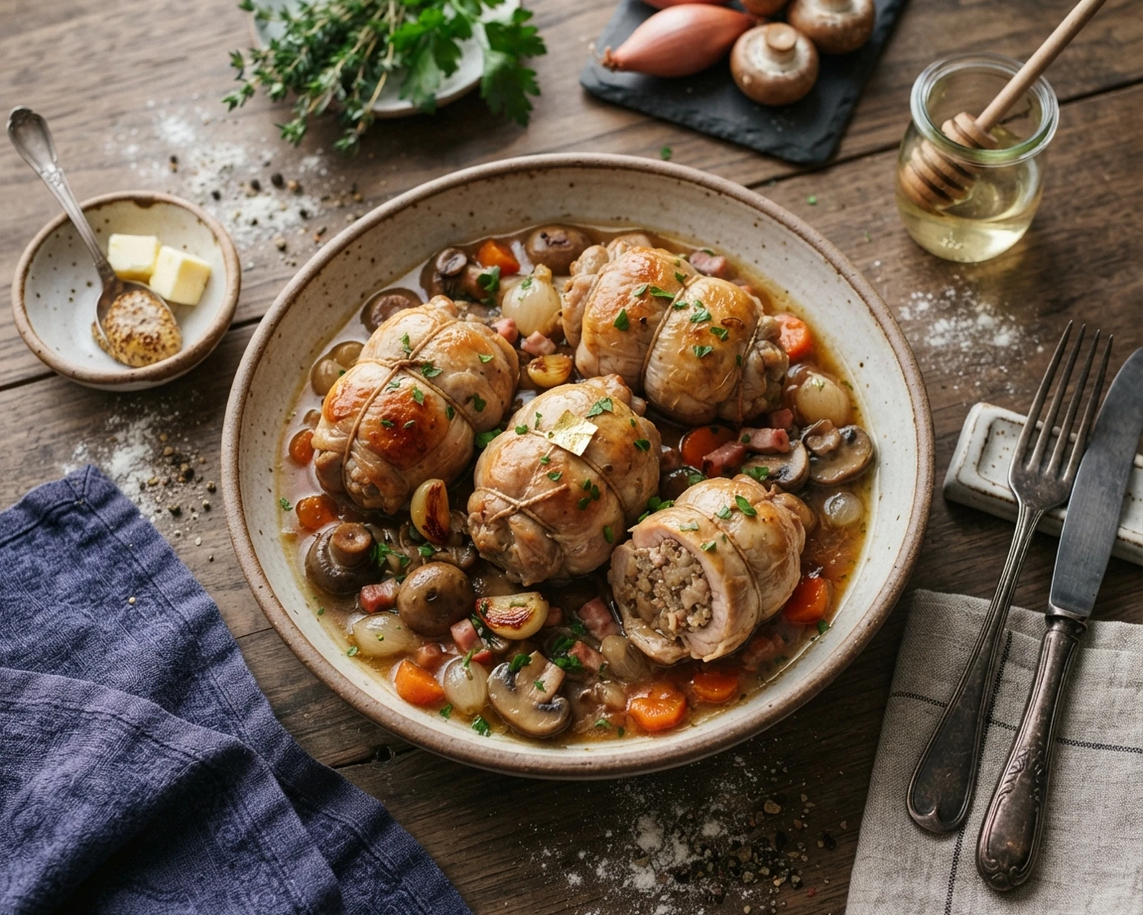 Paupiettes de veau maison présenté dans son plat de service, avec sa texture et sa garniture visibles