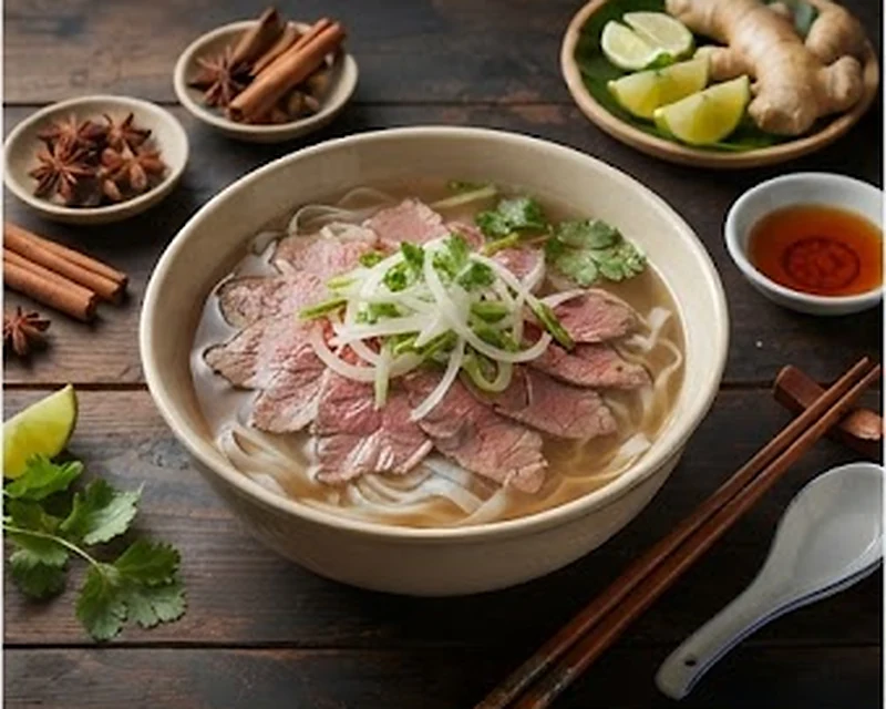 Bol fumant de soupe pho au bœuf et herbes fraîches