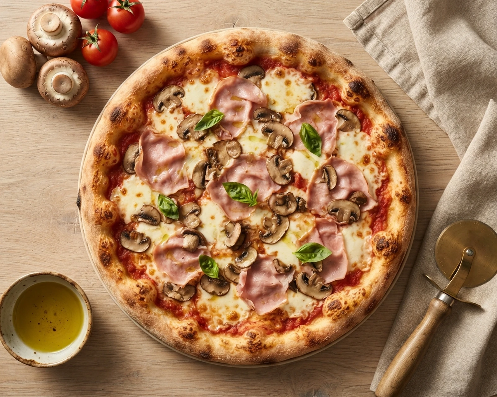 Pizza reine présenté dans son plat de service, avec sa texture et sa garniture visibles