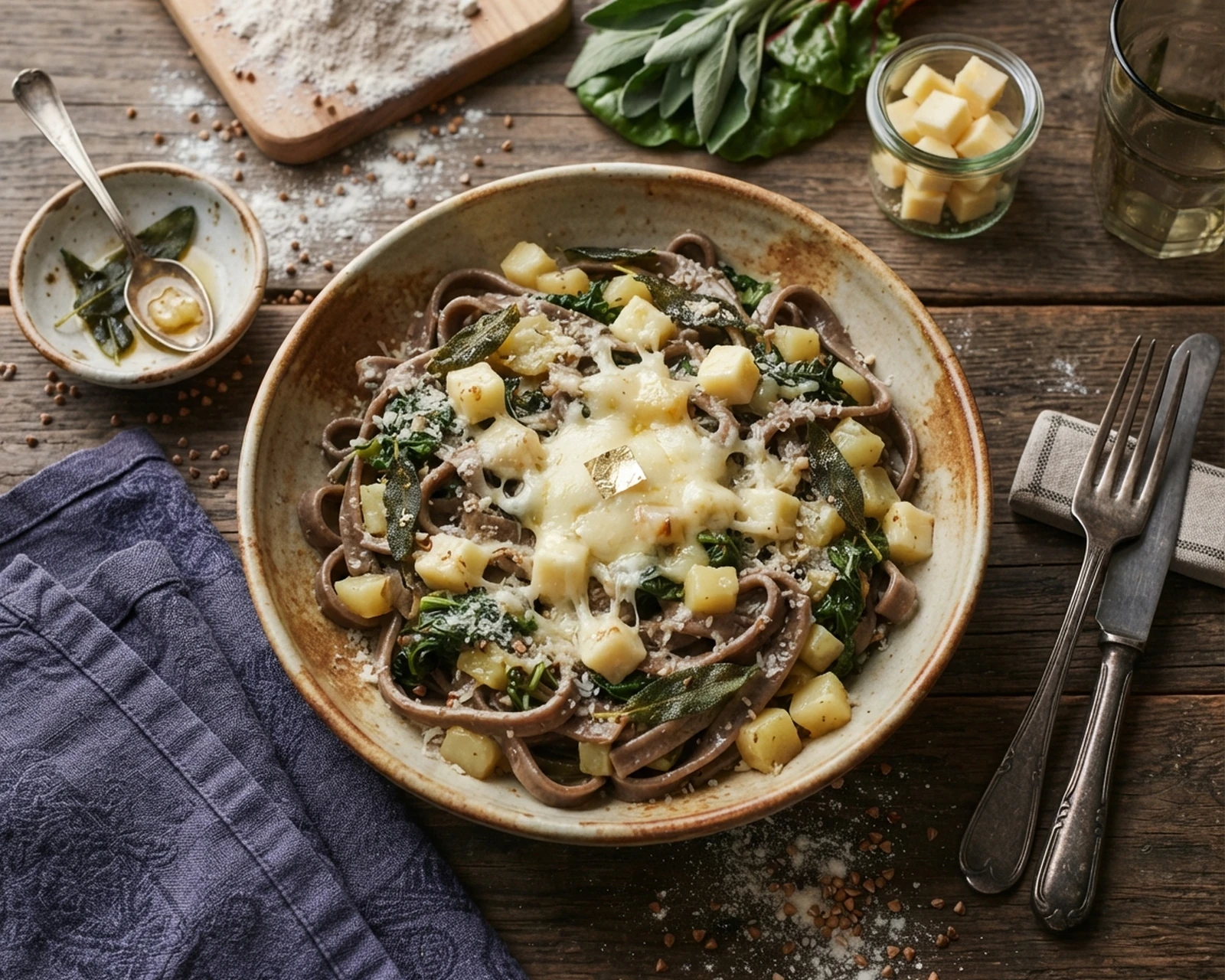 Pizzoccheri de la Valteline maison présenté dans son plat de service, avec sa texture et sa garniture visibles