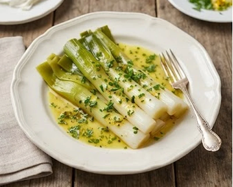 Poireaux vinaigrette présenté dans son plat de service, avec sa texture et sa garniture visibles
