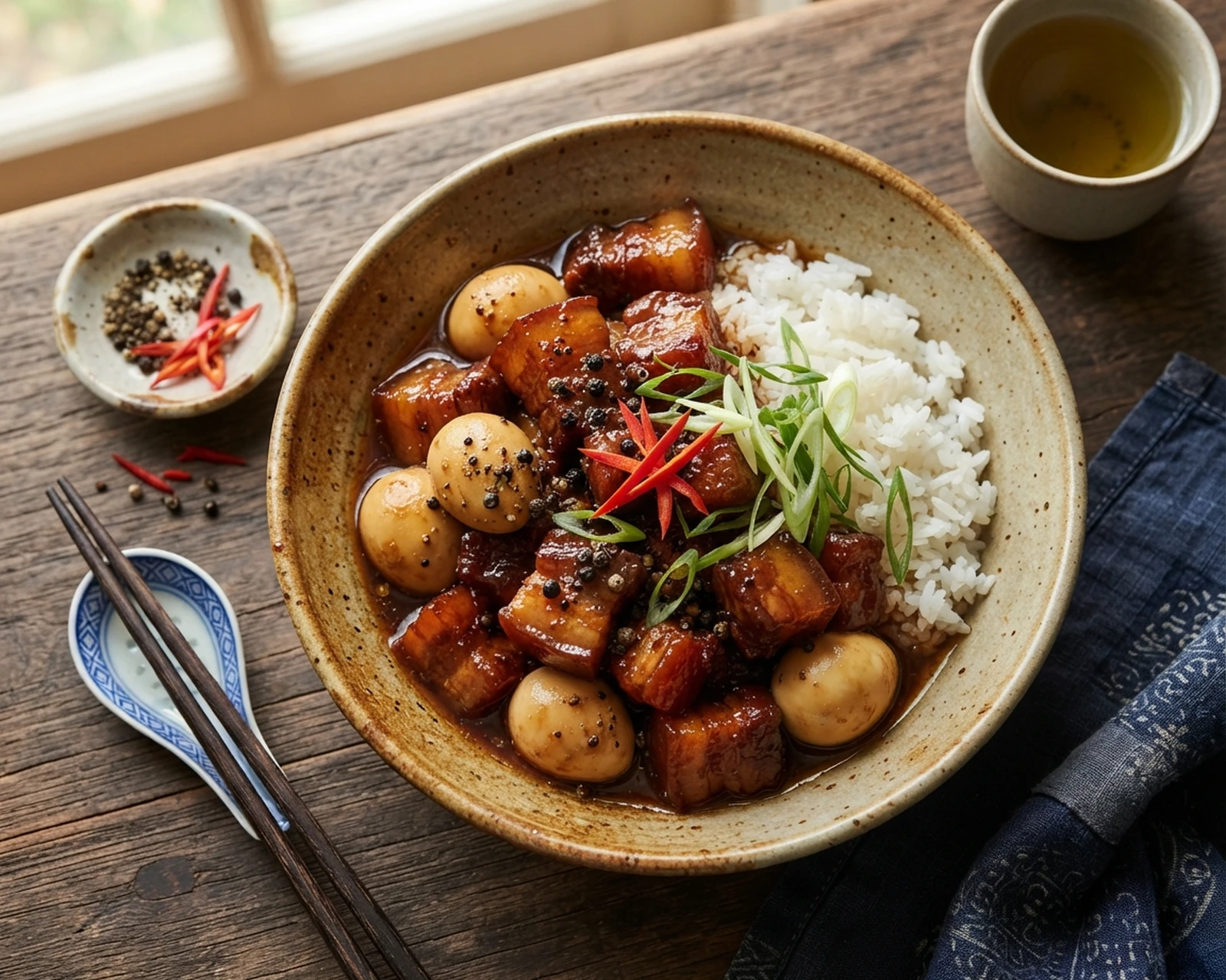 Porc au caramel servi dans son plat, avec sa texture et sa garniture visibles