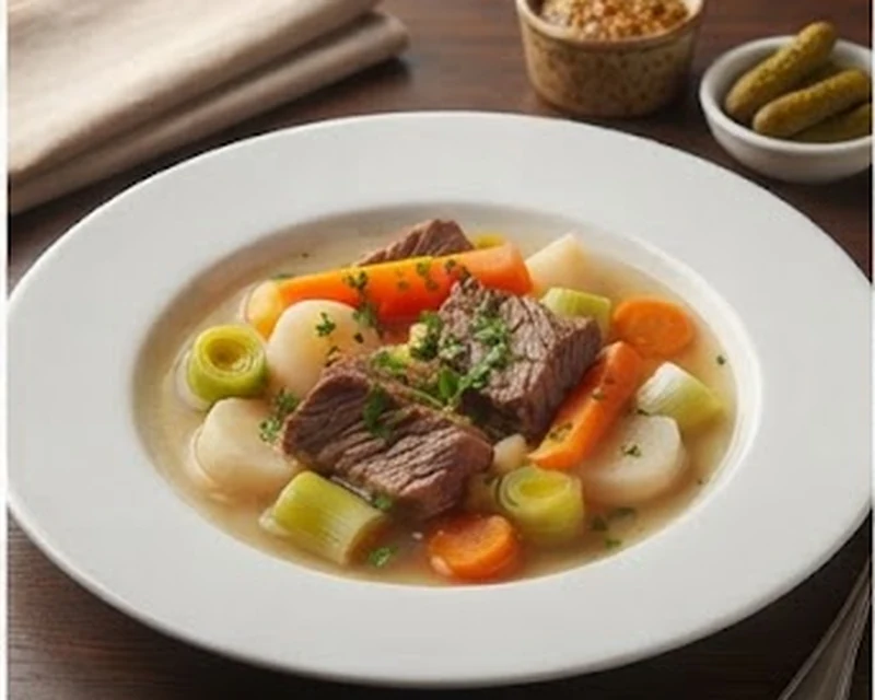 Pot-au-feu présenté dans son plat de service, avec sa texture et sa garniture visibles