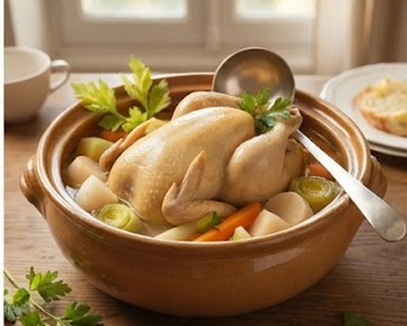 Poule au pot entière entourée de carottes, navets et poireaux dans son bouillon