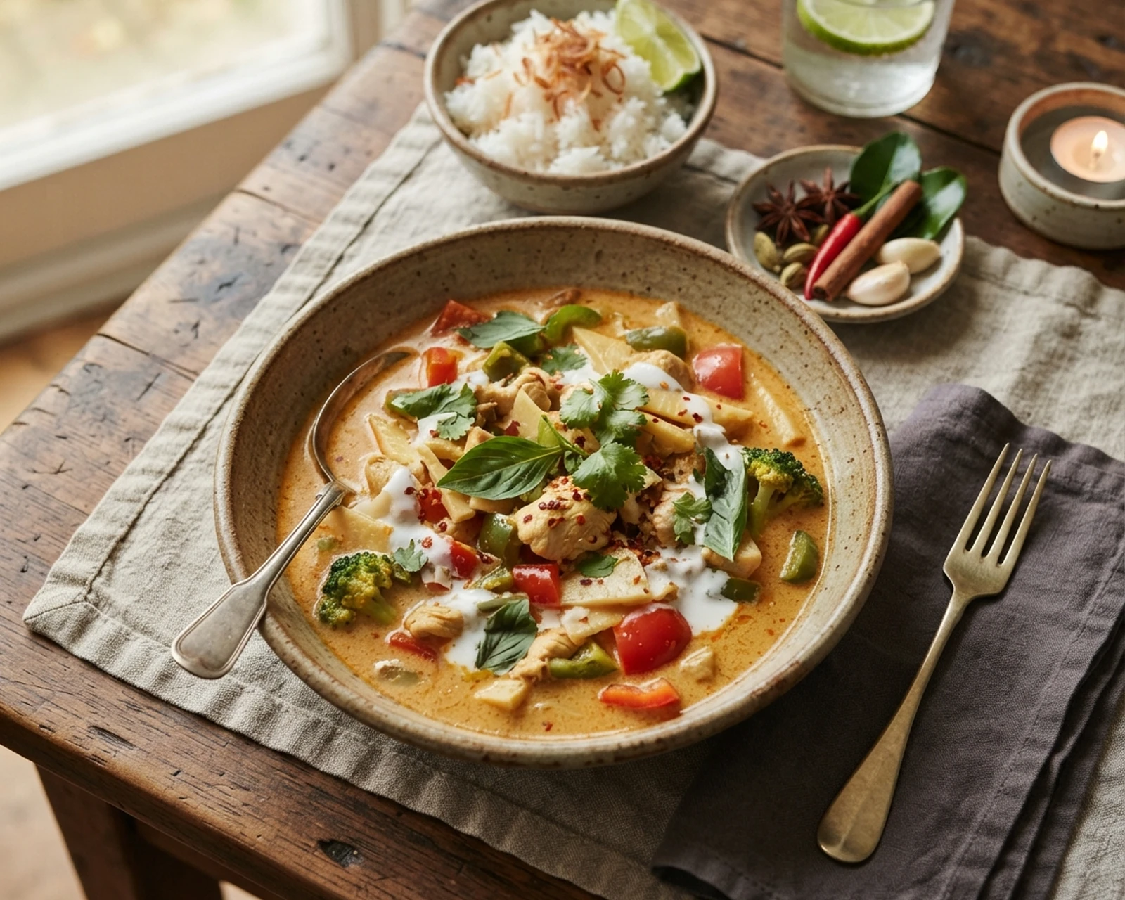 Vue rapprochée de poulet au curry et lait de coco dressé et prêt à être servi