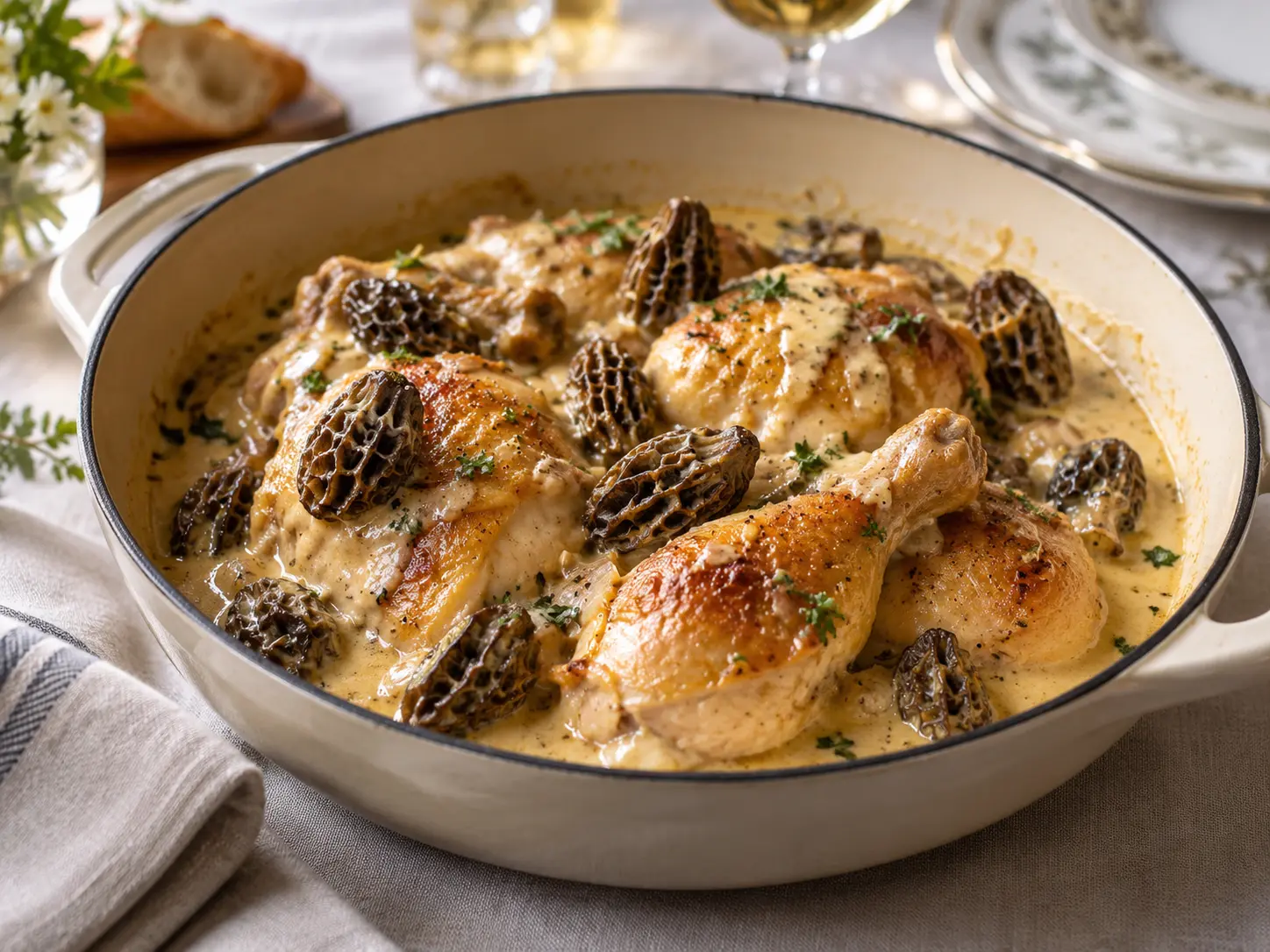 Poulet au vin jaune et aux morilles — photographie du plat