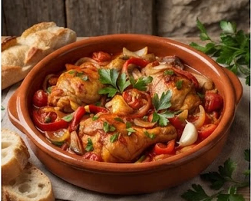 Poulet basquaise présenté dans son plat de service, avec sa texture et sa garniture visibles