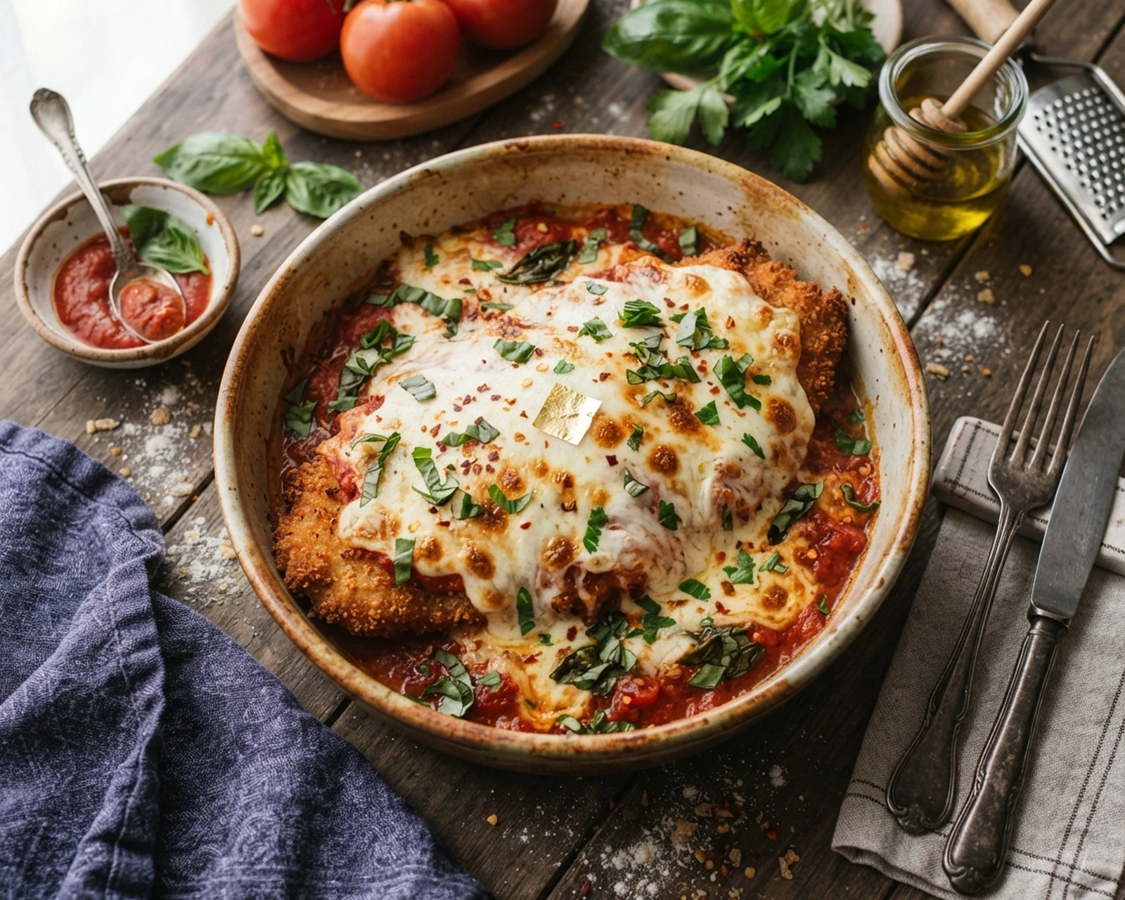 Poulet parmesan maison présenté dans son plat de service, avec sa texture et sa garniture visibles