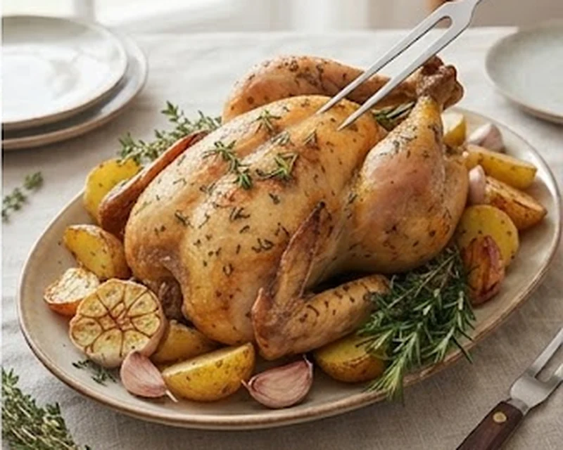 Poulet rôti aux herbes présenté dans son plat de service, avec sa texture et sa garniture visibles