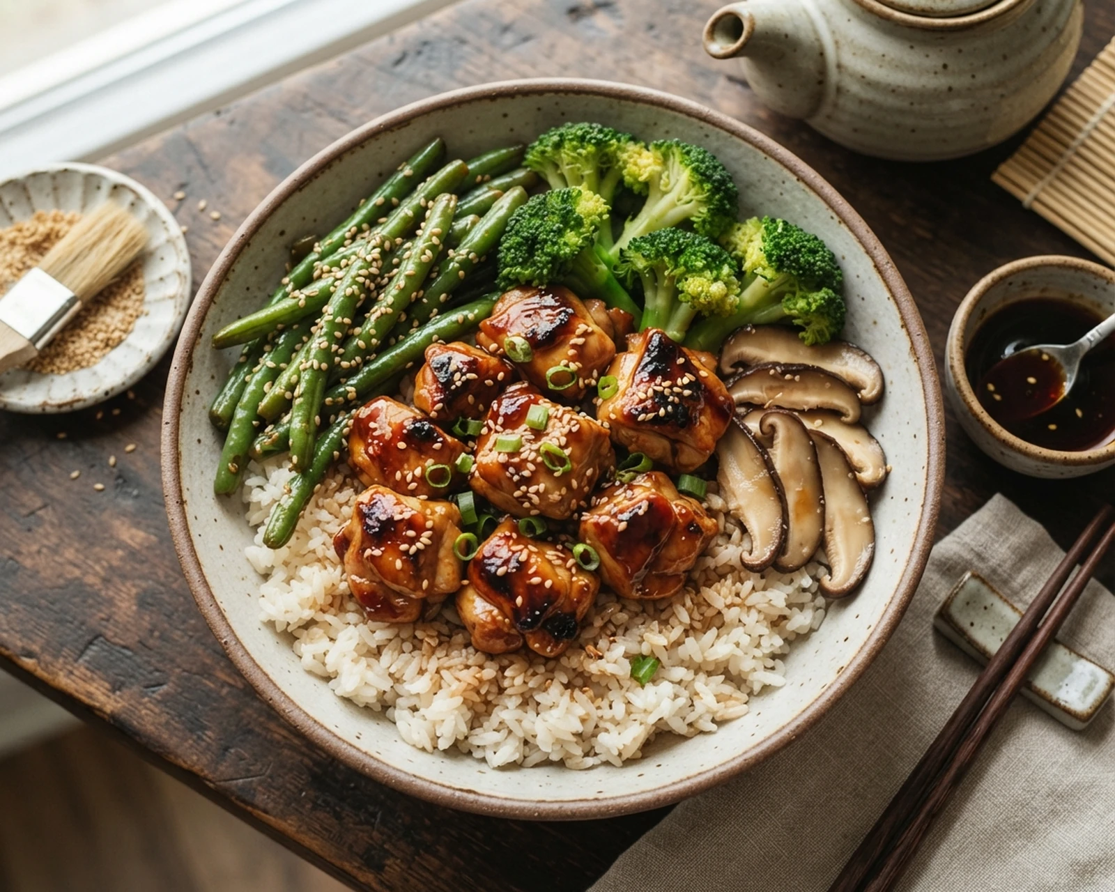 Vue rapprochée de poulet teriyaki dressé et prêt à être servi
