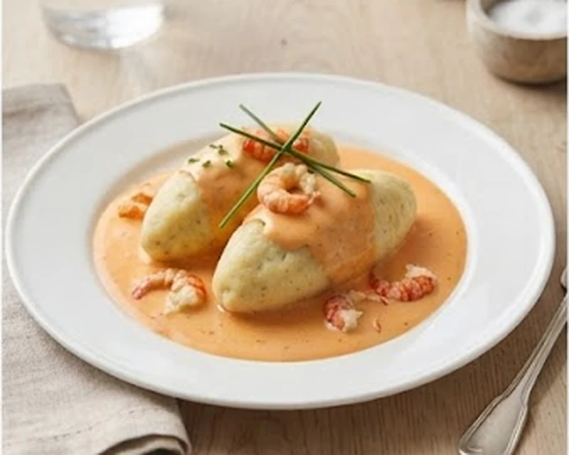 Quenelles de brochet sauce Nantua présenté dans son plat de service, avec sa texture et sa garniture visibles
