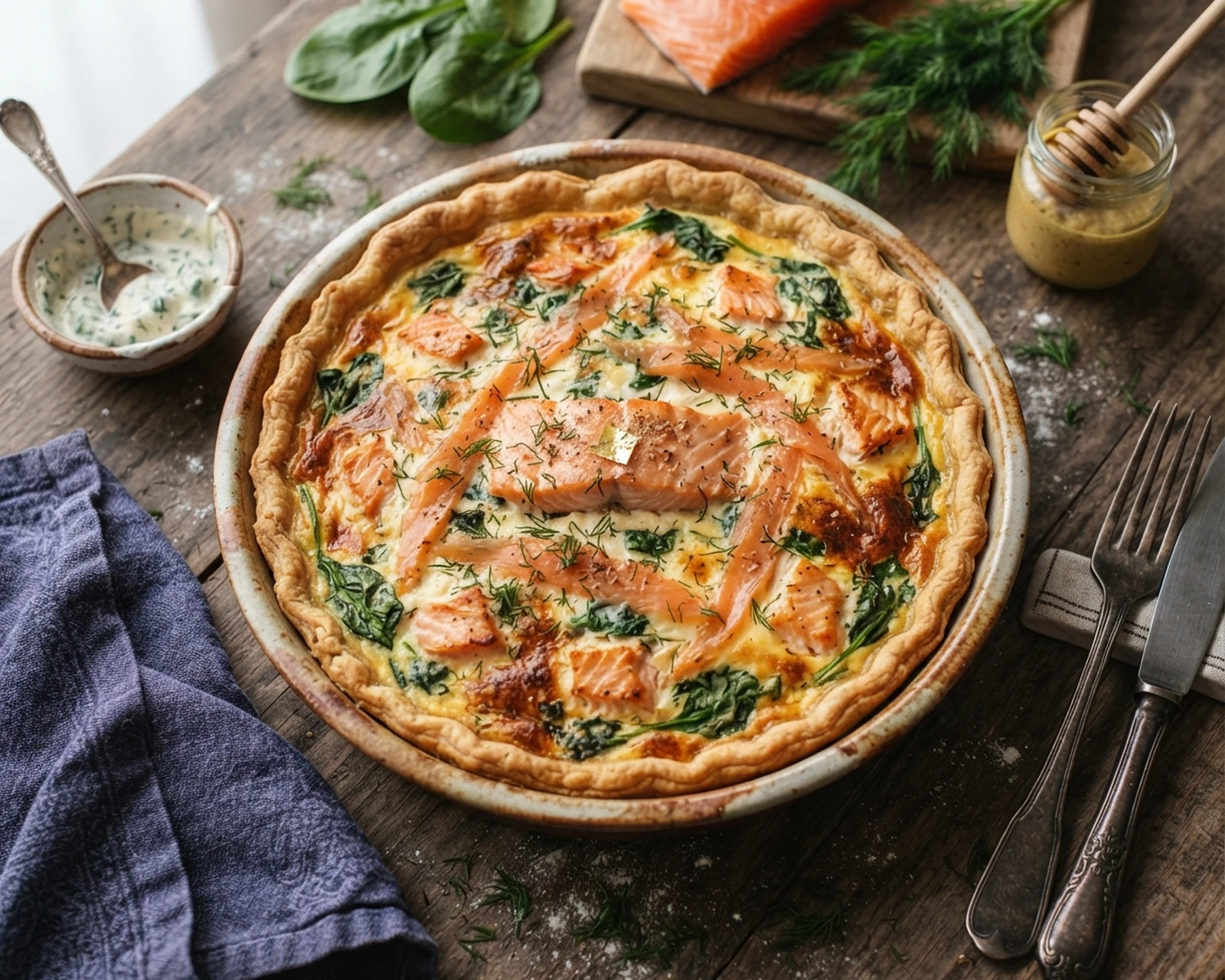 Quiche au saumon et aux épinards maison présenté dans son plat de service, avec sa texture et sa garniture visibles