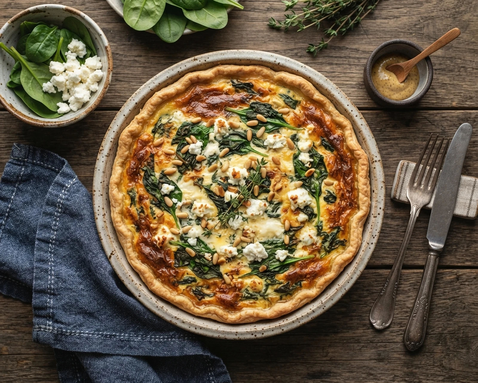 Quiche aux épinards et au chèvre servi dans son plat, avec sa texture et sa garniture visibles