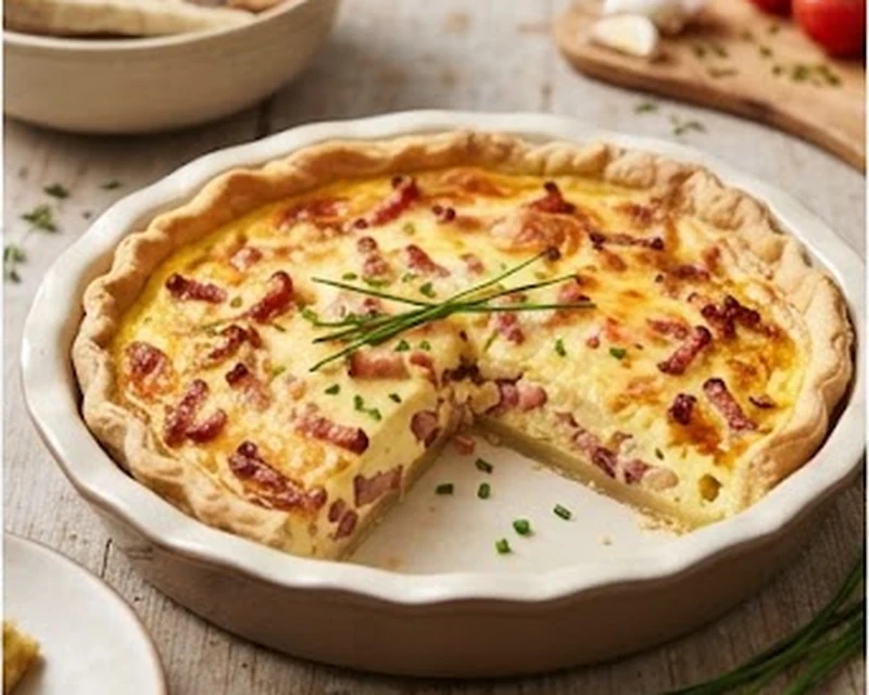 Quiche lorraine dorée aux lardons fumés servie dans son plat à tarte