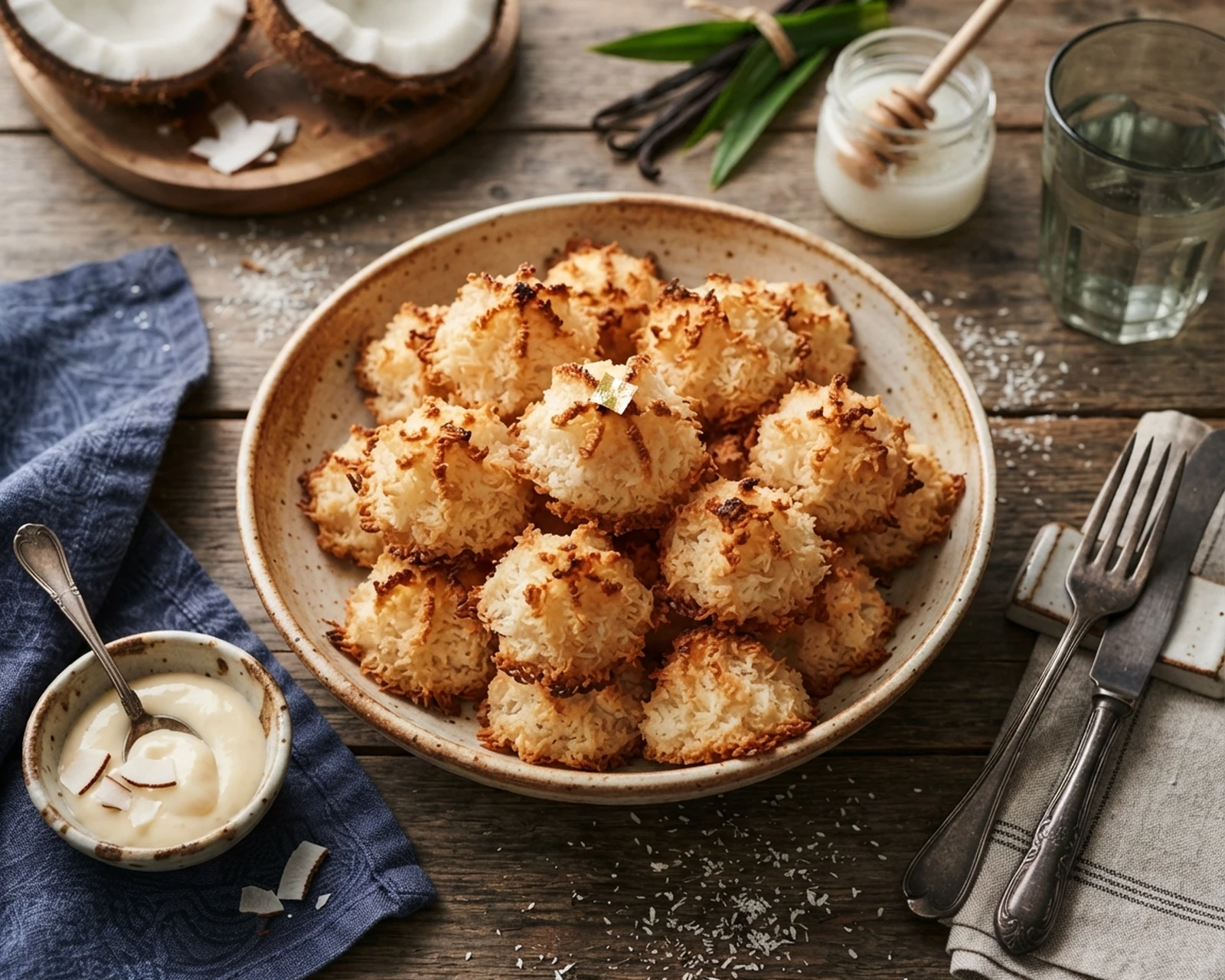 Rochers à la noix de coco maison présenté dans son plat de service, avec sa texture et sa garniture visibles