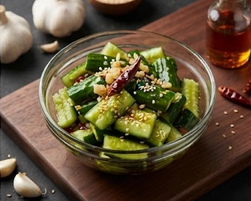 Salade de concombre écrasé dans un bol blanc avec de l'ail et de l'huile pimentée