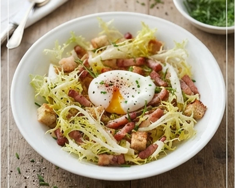 Salade lyonnaise présenté dans son plat de service, avec sa texture et sa garniture visibles