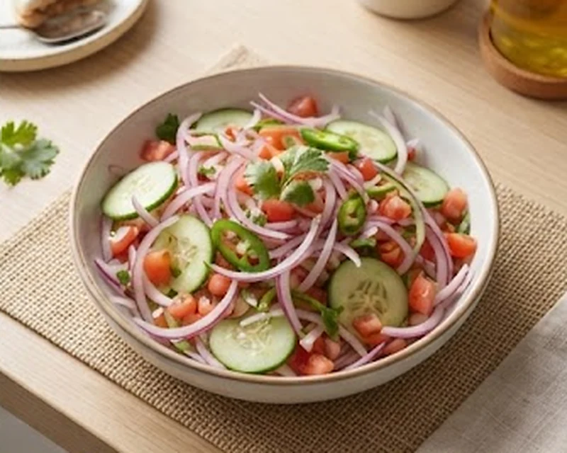 Salsa criolla présenté dans son plat de service, avec sa texture et sa garniture visibles