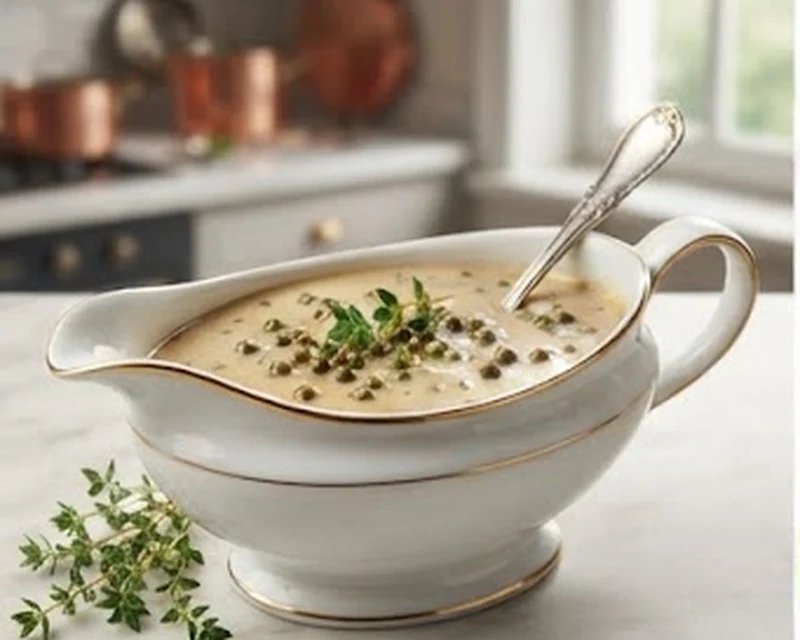 Sauce au poivre vert crémeuse et nappante servie en saucière