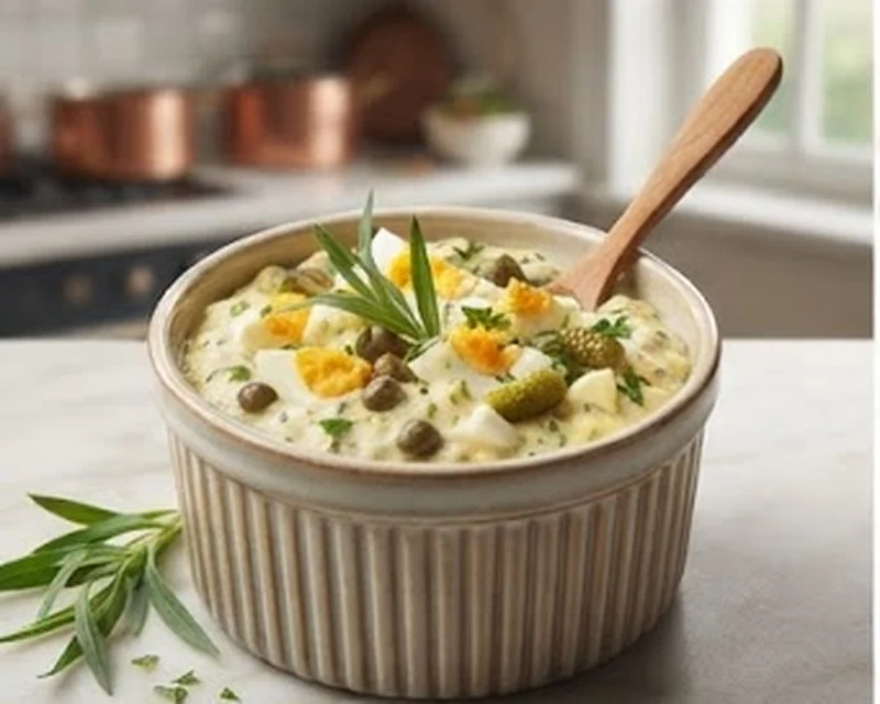 Sauce gribiche maison aux œufs durs, cornichons, câpres et herbes