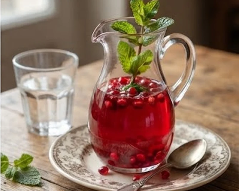 Sirop de grenadine maison rouge rubis servi en carafe
