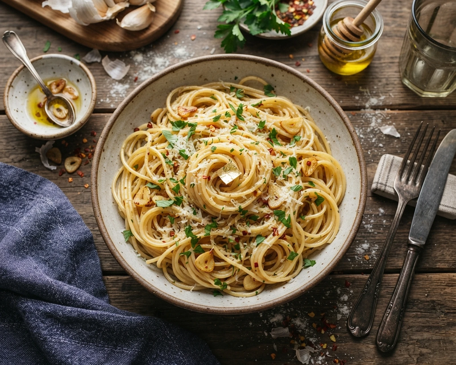 Spaghetti aglio e olio présenté dans un plat de service, avec la texture et la garniture visibles