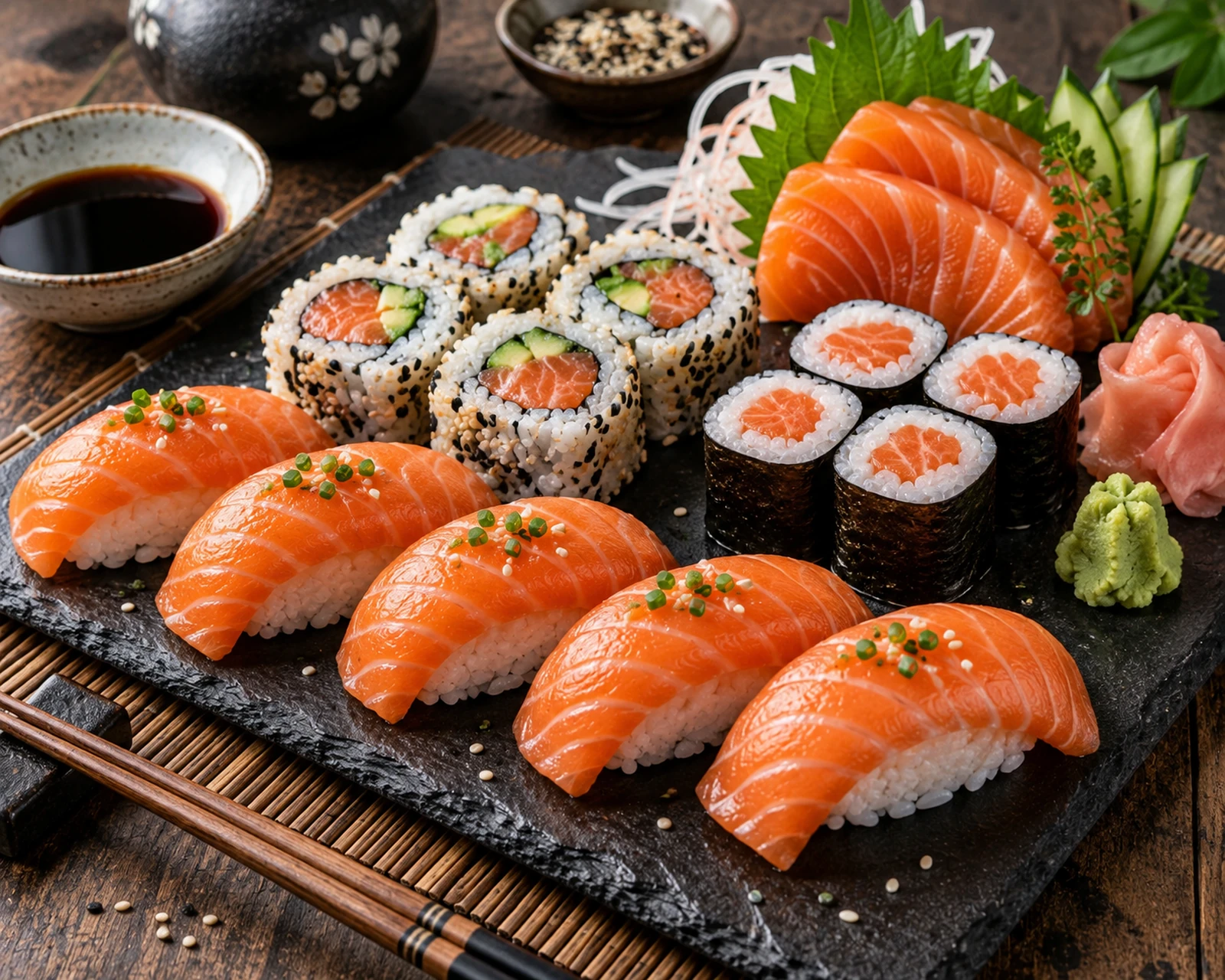 Vue rapprochée de sushis au saumon dressé et prêt à être servi