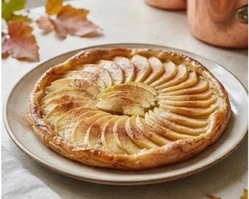 Tarte aux pommes normande dorée avec pommes disposées en rosace