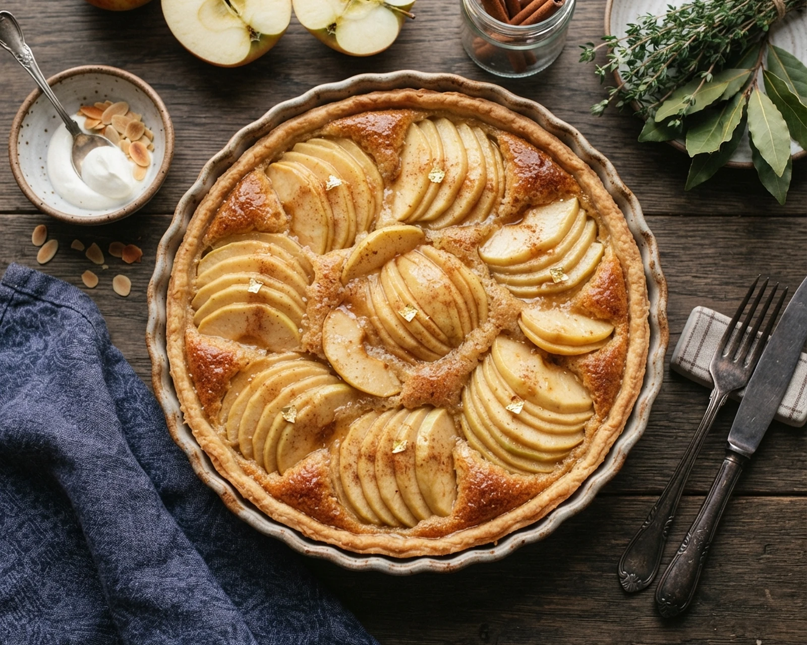 Tarte aux pommes présenté entier et en portion, avec texture intérieure visible.