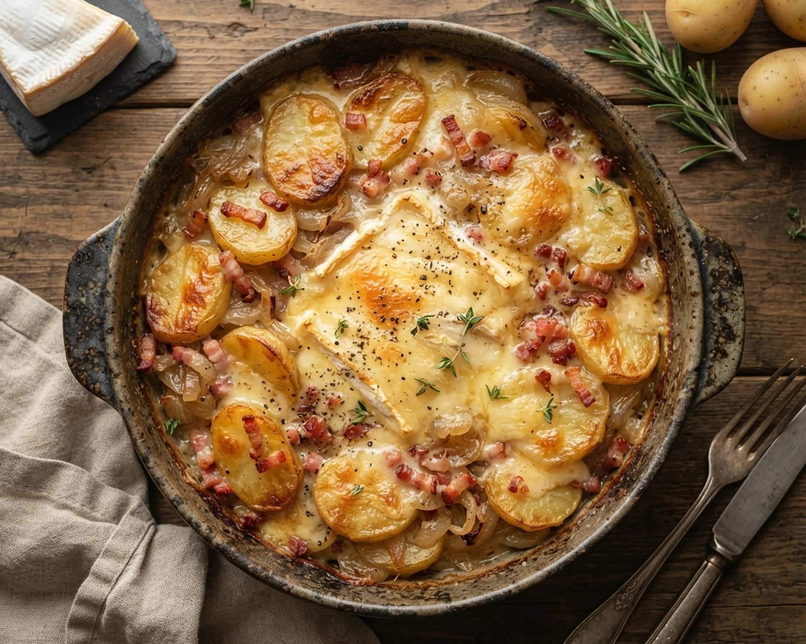 Tartiflette présenté dans son plat de service, avec sa texture et sa garniture visibles