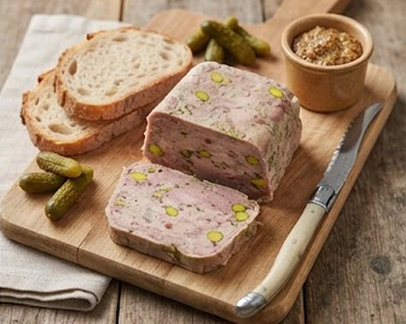 Terrine de campagne présenté dans son plat de service, avec sa texture et sa garniture visibles