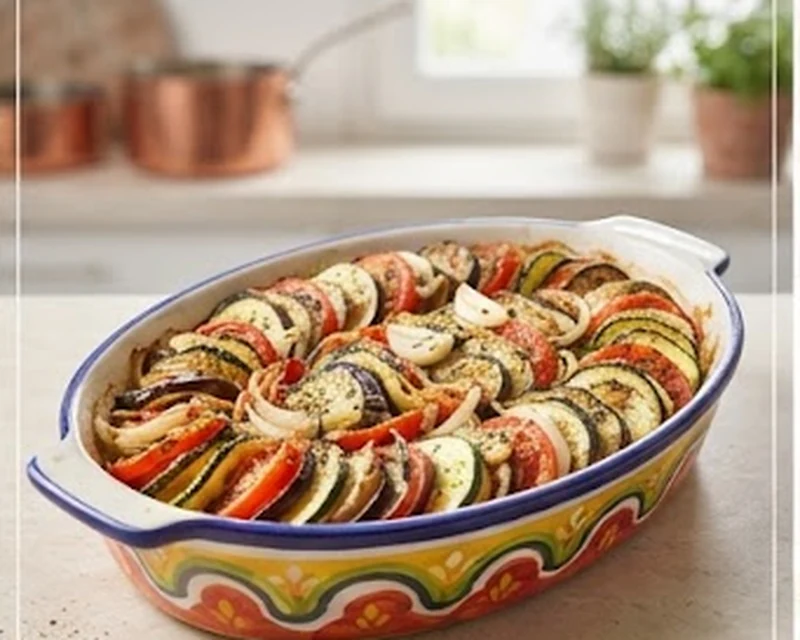 Tian de légumes provençal aux courgettes, aubergines et tomates confites au four