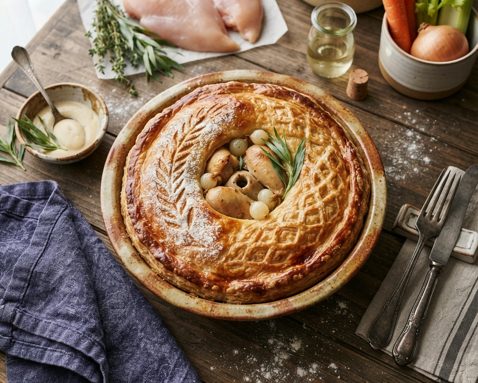 Tourte au poulet présenté dans un plat de service, avec la texture et la garniture visibles