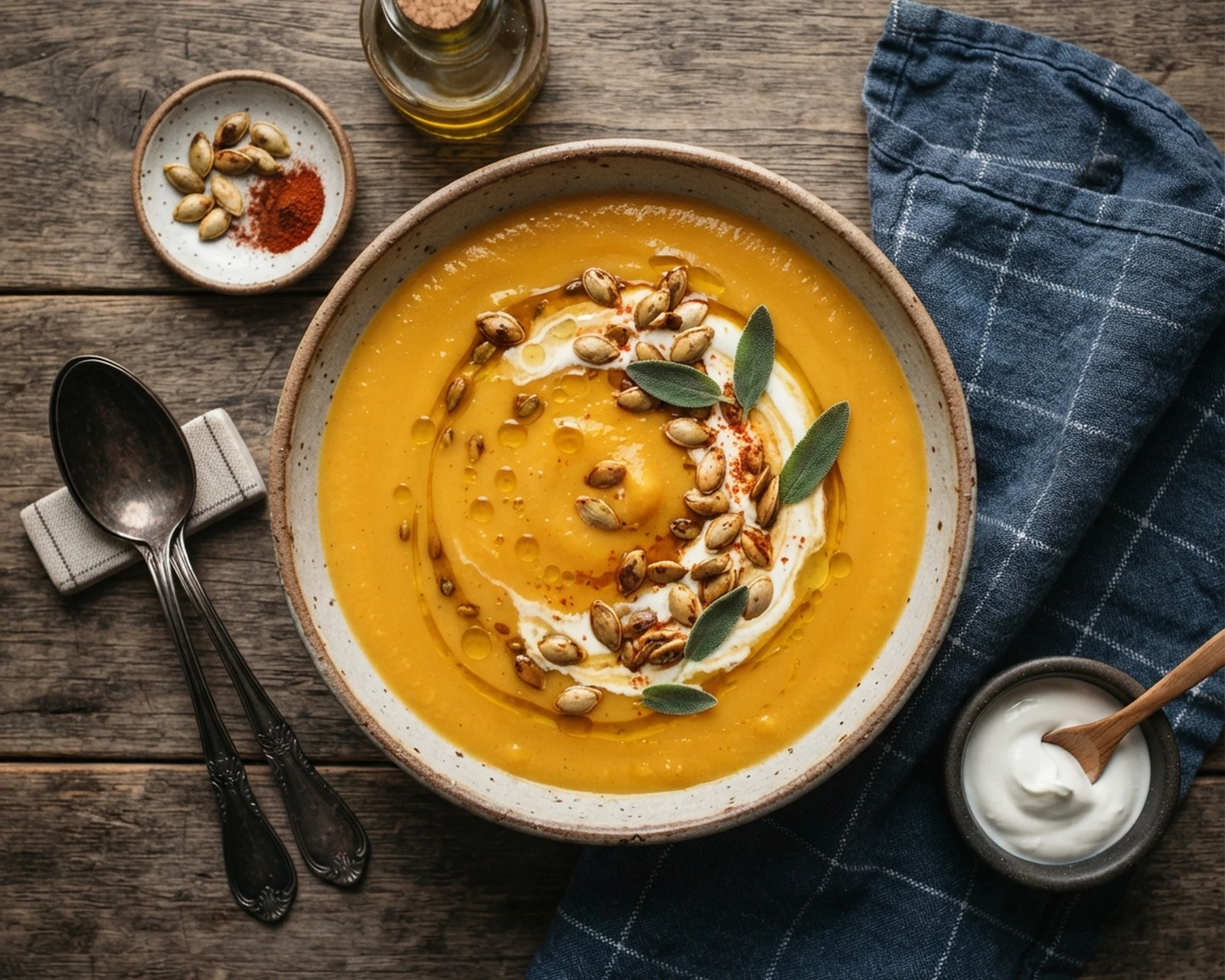 Velouté de butternut servi dans son plat, avec sa texture et sa garniture visibles